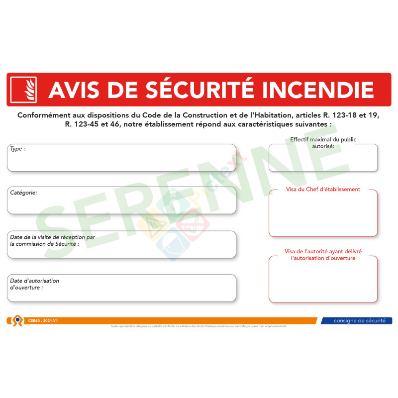 Consigne avis de sécurité incendie